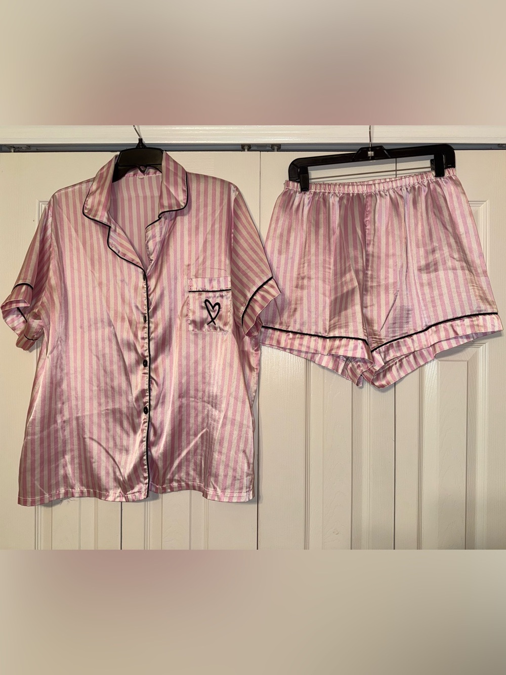 SHEIN Pink Striped Satin Pajama Set Shorts